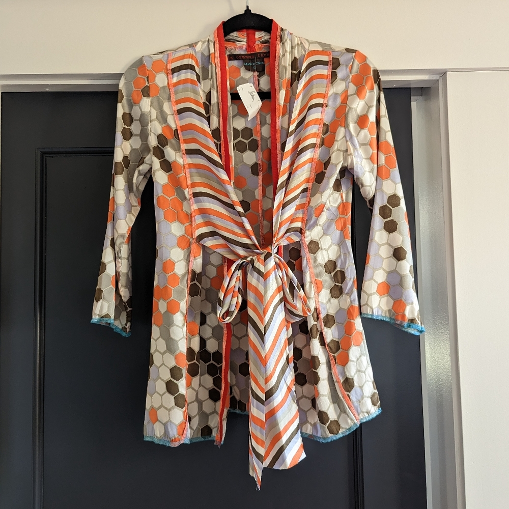 A Common Thread Orange Cream and Blue Patterned Silk Tunic Size Small